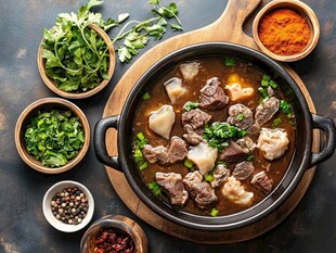 美味牛肉汤锅及多样佐料