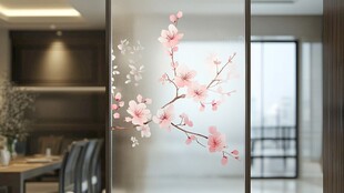 玻璃上的唯美粉色桃花贴画