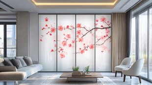 中式客厅粉色梅花屏风美景