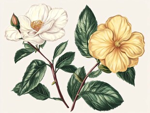 两色山茶花植物插画