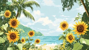 海边向日葵风景插画