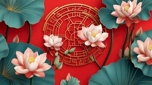 中式荷花红底吉祥图案