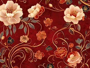 中式红底繁花锦绣图案