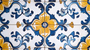 蓝黄花纹瓷砖图案展示