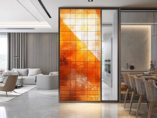 橙色玻璃隔断的现代客厅