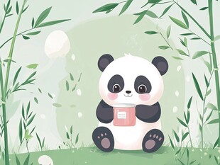 竹林中看书的可爱熊猫