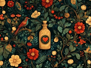 复古花卉中的心形瓶插画