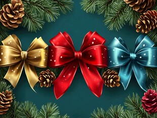 圣诞彩绸蝴蝶结与松果装饰