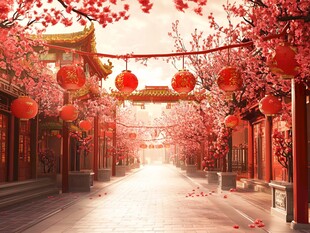 古街春日 红灯繁花相映