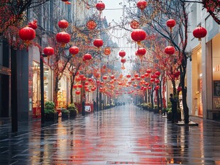 雨中红灯笼装点的繁华街道