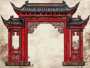 中式古典红牌坊建筑图景