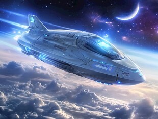 未来宇宙飞船云端飞行景象