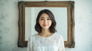 女子身着白衣于古镜前