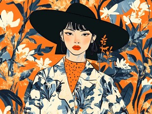 时尚女孩置身花卉丛林