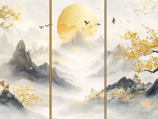 金秋山水飞鸟诗意画卷