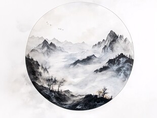 水墨山水圆景图