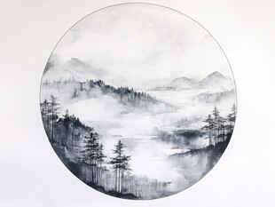 水墨山水圆形画作意境美