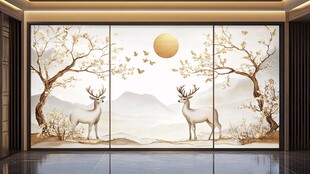 中式麋鹿山水意境装饰画