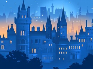 梦幻夜晚的哥特式城堡景观