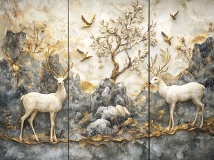 山水间双鹿飞鸟艺术图景