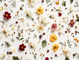 缤纷野花平铺于纯白背景