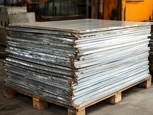 工厂内堆叠的金属板材