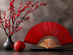 中式红韵 折扇与红梅摆件