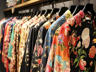 多彩印花衬衫整齐挂放