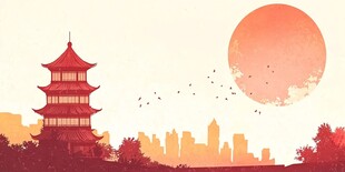 夕阳下的古塔与城市剪影