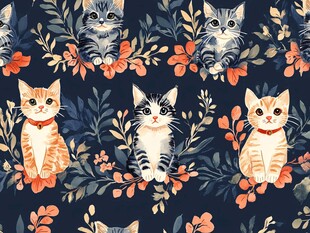 萌猫花卉无缝图案背景