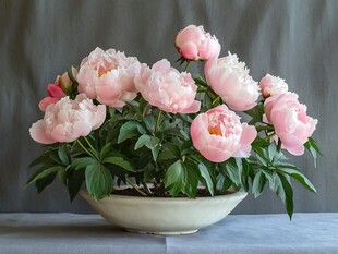 粉色芍药盛放在素雅瓷盆