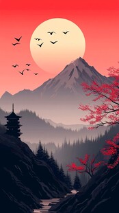 落日山林间的诗意景致