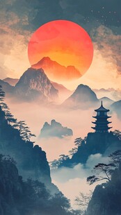 落日下的山峦与古塔