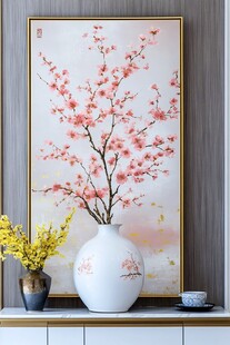 中式花瓶插枝烂漫桃花图