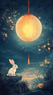 玉兔伴月灯笼夜境