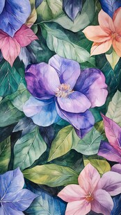 水彩绘梦幻花卉绿叶图案