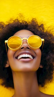 戴黄墨镜的灿烂笑容女子