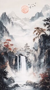 山间飞瀑映红日