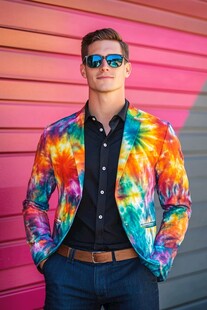 时尚潮男身着扎染西装外套