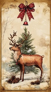 圣诞驯鹿与松的温馨图景