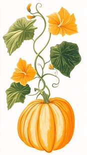 南瓜与蔓藤花卉插画