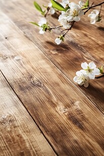 木质桌面上的洁白花枝