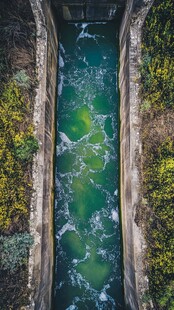 狭窄水道中涌动的碧绿水流
