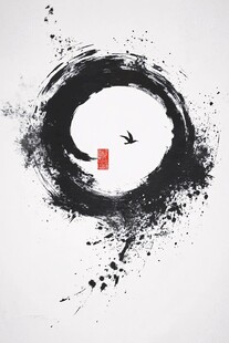 水墨飞禽圆韵图