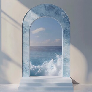 透过拱门望海浪与蓝天