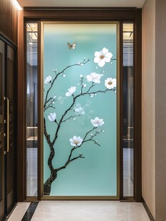 中式玄关玉兰花玻璃屏风