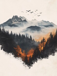 山间晨雾飞鸟森林美景