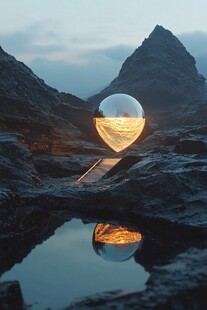 梦幻山间悬浮发光水晶球