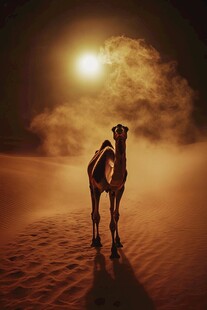 沙漠孤驼在月夜下的剪影