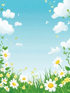 春日草地蓝天花卉美景图